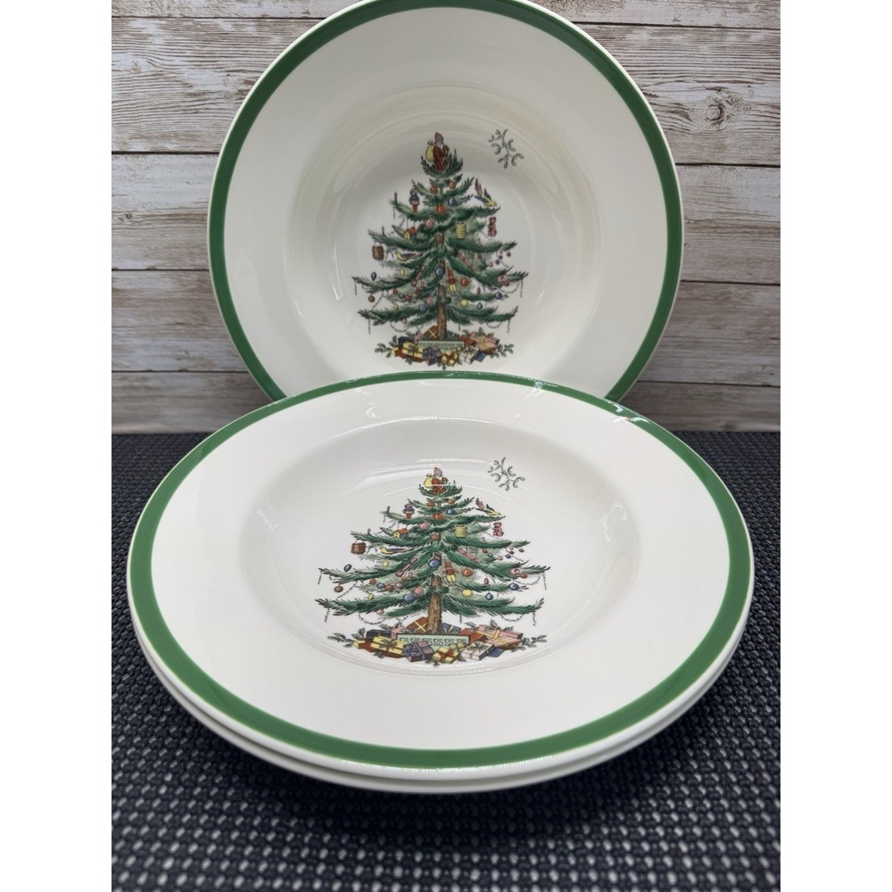 Set 3 VTG Spode Christmas Tree England 9" Large Rimmed Soup Plate Soup Bowl 1976
